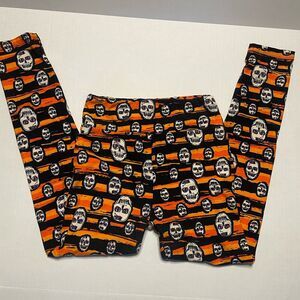 LuLaRoe One Size OS Halloween Skull Stripes Orange Stretch Knit Leggings B5